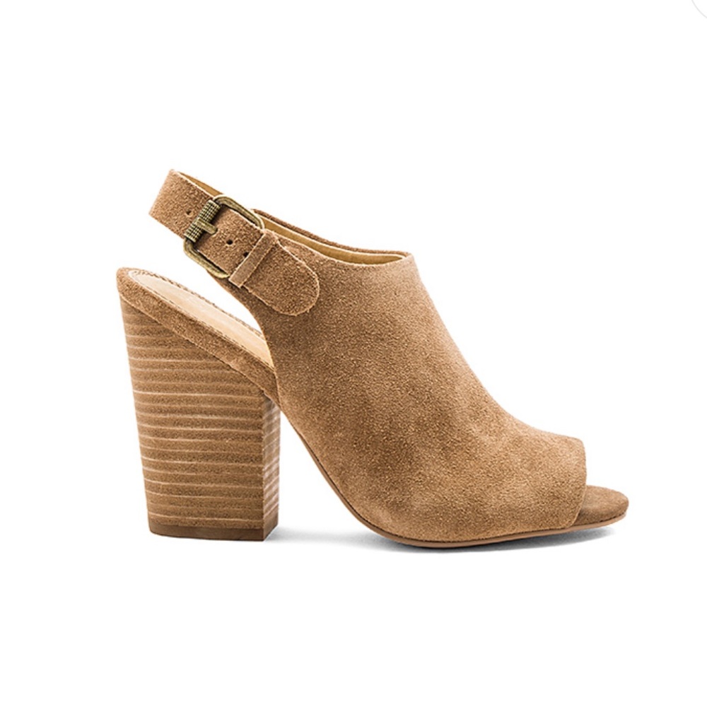 Suede Cognac Peep Toe Block Heel Slingback Sandal - Picture 5 of 7